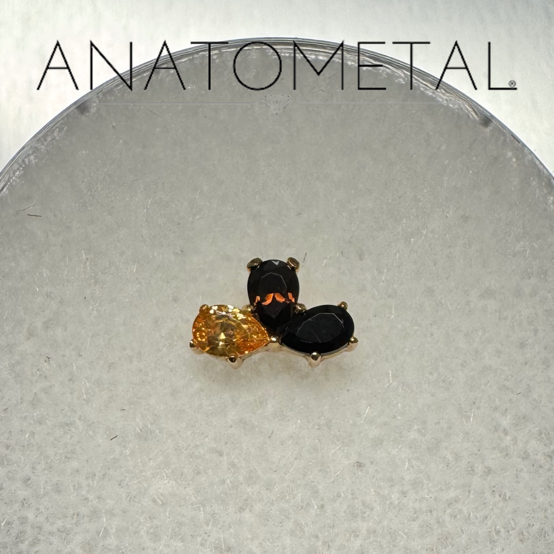 Anatometal 18k Solid Rose Gold Threadless Amber Yellow, Brown, Black 3 Stone Pear End