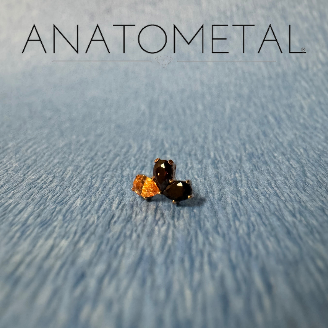 Anatometal 18k Solid Rose Gold Threadless Amber Yellow, Brown, Black 3 Stone Pear End