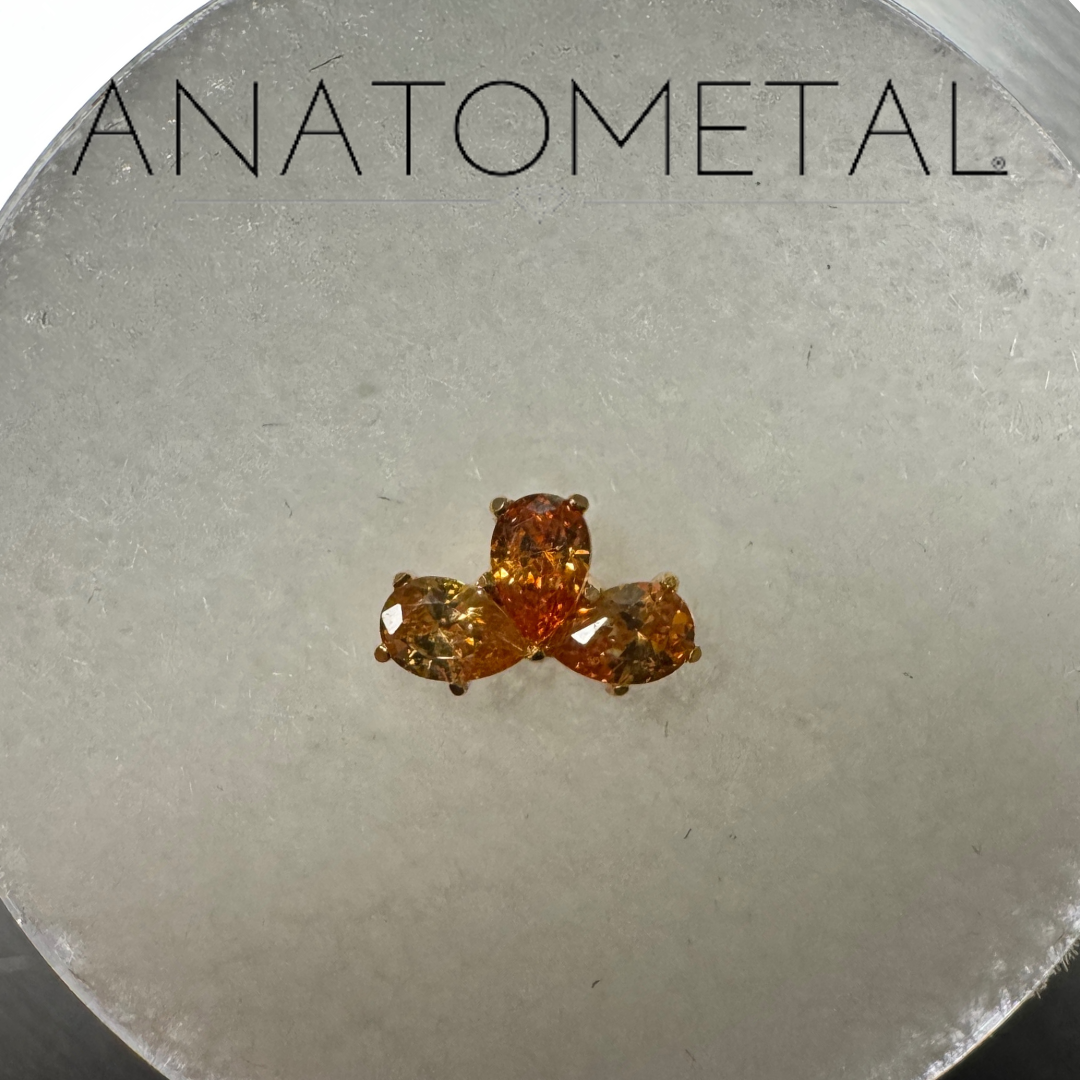 Anatometal 18k Solid Rose Gold Threadless Amber Yellow, Tangerine, Amber Yellow 3 Stone Pear End